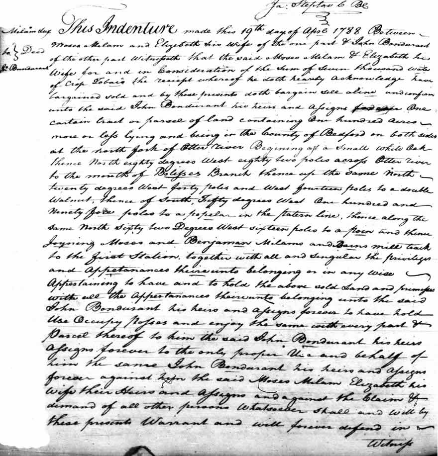 Moses Milam Deed to John Bondurant 1788